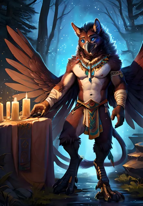 solo, male, athletic body, (muscular:0.5), shaman, (male anthro gryphon):1.3, beak, wings on back, large wings, (standing tough ...