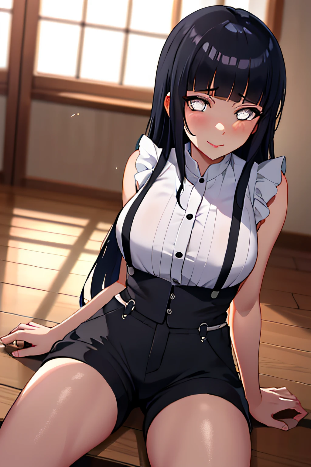 beautiful， tmasterpiece， Best quality at best， Extremely detailed face， Perfect lighting， 1girl， hyouka， hyuga hyuga， By bangs， empty_eyes， black_hair， blunt_bangs， White eyes，No Pupil，ssmile， 独奏， hair straight， The upper part of the body， perfect bodies，White suspenders，Black  shorts，Sit in the room，Be red in the face