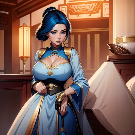 a close up of a short woman in her 30's, with blue eyes and ocean blue hair, wearing a blue and black gown dress, a chinese empr...