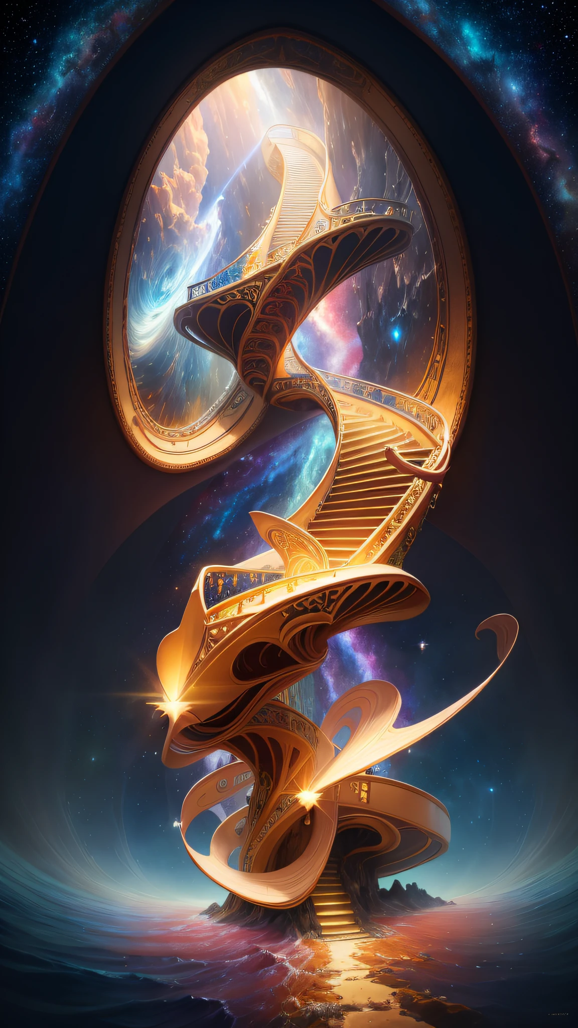 A digital painting of a spiral staircase going up to a galaxy - SeaArt AI