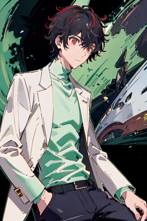 masterpiece, best quality, 1boy, 独奏, male focus, dshocker, black hair, short hair, red-eyes, high collar, white coat, green shir...