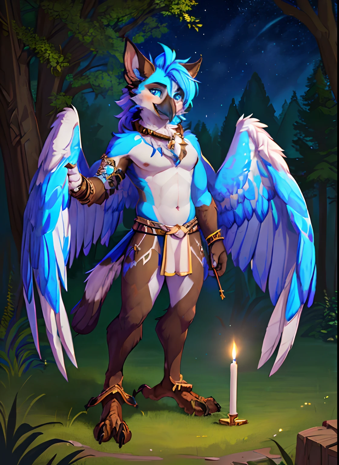 solo, male, (muscular:0.7), shaman, (male anthro gryphon):1.3, beak, wings on back, large wings, (standing tough pose):1.3, (kemono:0.6), (tribal jewelry, bandage wraps), detailed eyes, large tail, mane, ((bust portrait)), (avian legs feet, bird feet), sharp talons, powerful legs, (detailed eyes, blue eyes):1.1, (outdoors:1.35), altar, fire, smoke, forest, candle, night, (particles ,firefly, blue glowing):1.3, detailed background, photorealistic, realistic hands, 8k hd, (dark shadows, wide dynamic range, hdr, low light:1.2), by (by Pino Daeni, (by ruaidri), by virtyalfobo), (best quality, masterpiece:1), furry gryphon, brown fur, fuzzy, blushing, collar, slave, big mane, tatooed, beta, branded, avian