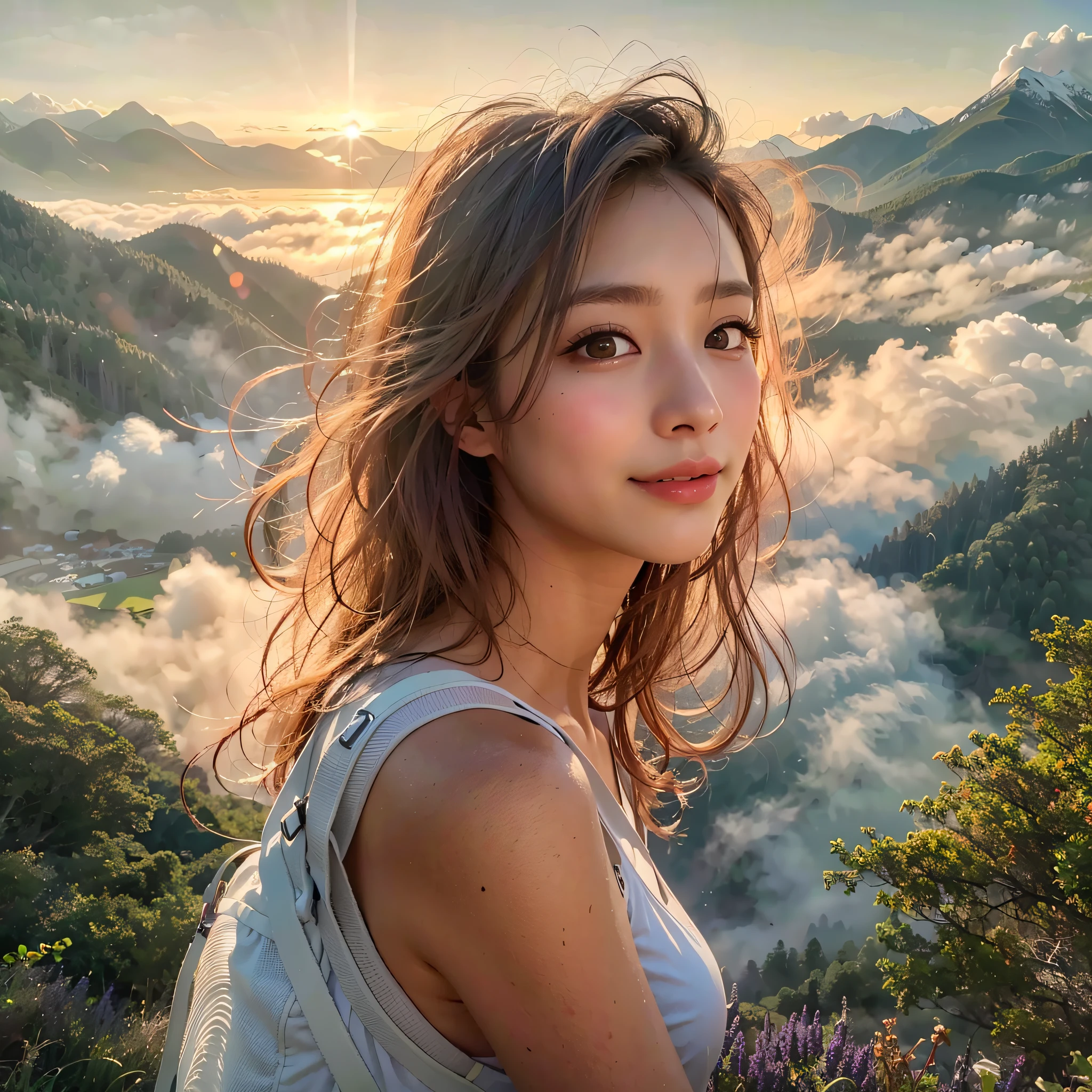 (Best Quality, hyper realistic:1.2), Magnificent mountain, sea of clouds, A clear sky, Fantastical, A woman watching the sunset, go pro,  ((UPPER BODY)), white t-shirts, Trekking shorts, trekking boots, rucksack,  (ultra delicate face, ultra Beautiful fece, ultra delicate eyes, ultra detailed nose, ultra detailed mouth, ultra detailed facial features), Beautie, 18year old, Shy smile