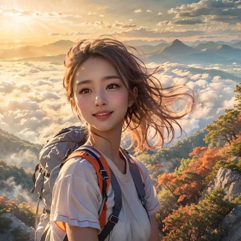 (Best Quality, hyper realistic:1.2), Magnificent mountain, sea of clouds, A clear sky, Fantastical, A woman watching the sunset, go pro,  ((UPPER BODY)), white t-shirts, Trekking shorts, trekking boots, rucksack,  (ultra delicate face, ultra Beautiful fece...