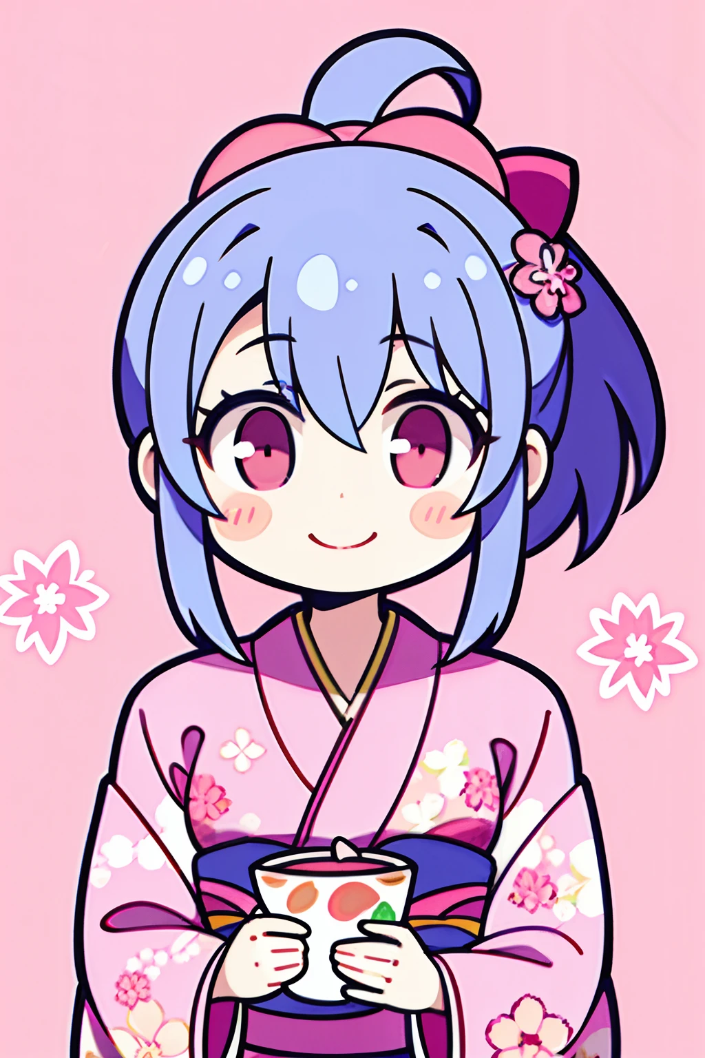 (perfekte Bildqualität:1.1),(Meisterwerk:1.1),(gute Qualität:1.1),1 Mädchen, Allein, (trägt einen wunderschönen rosa Sakura-Kimono:1.3), Blaue Haare, doppelter Pferdeschwanz auf beiden Seiten, Blick in die Kamera, Lächeln und Herzschlag, Tee trinken, zufällig gekachelter liebevoller grauer Hintergrund,