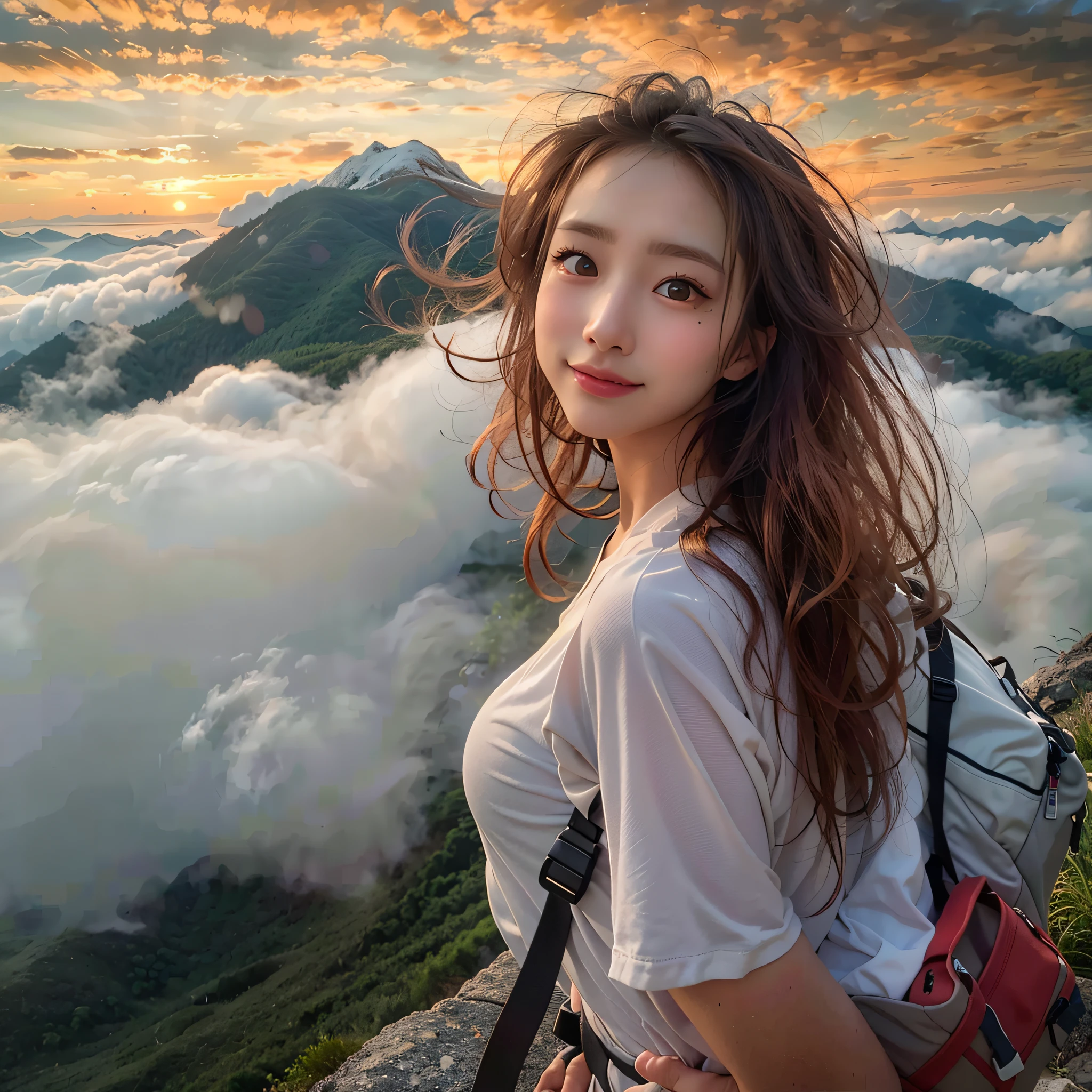 Naturescape photography, (Best Quality, hyper realistic:1.2), Magnificent mountain, sea of clouds, A clear sky, Fantastical, A woman watching the sunset, go pro,  ((UPPER BODY)), white t-shirts, Trekking shorts, trekking boots, rucksack,  (ultra delicate face, ultra Beautiful fece, ultra delicate eyes, ultra detailed nose, ultra detailed mouth, ultra detailed facial features), Beautie, 18year old, Shy smile, Realistic body