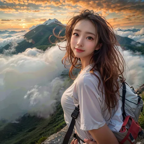 Naturescape photography, (Best Quality, hyper realistic:1.2), Magnificent mountain, sea of clouds, A clear sky, Fantastical, A w...