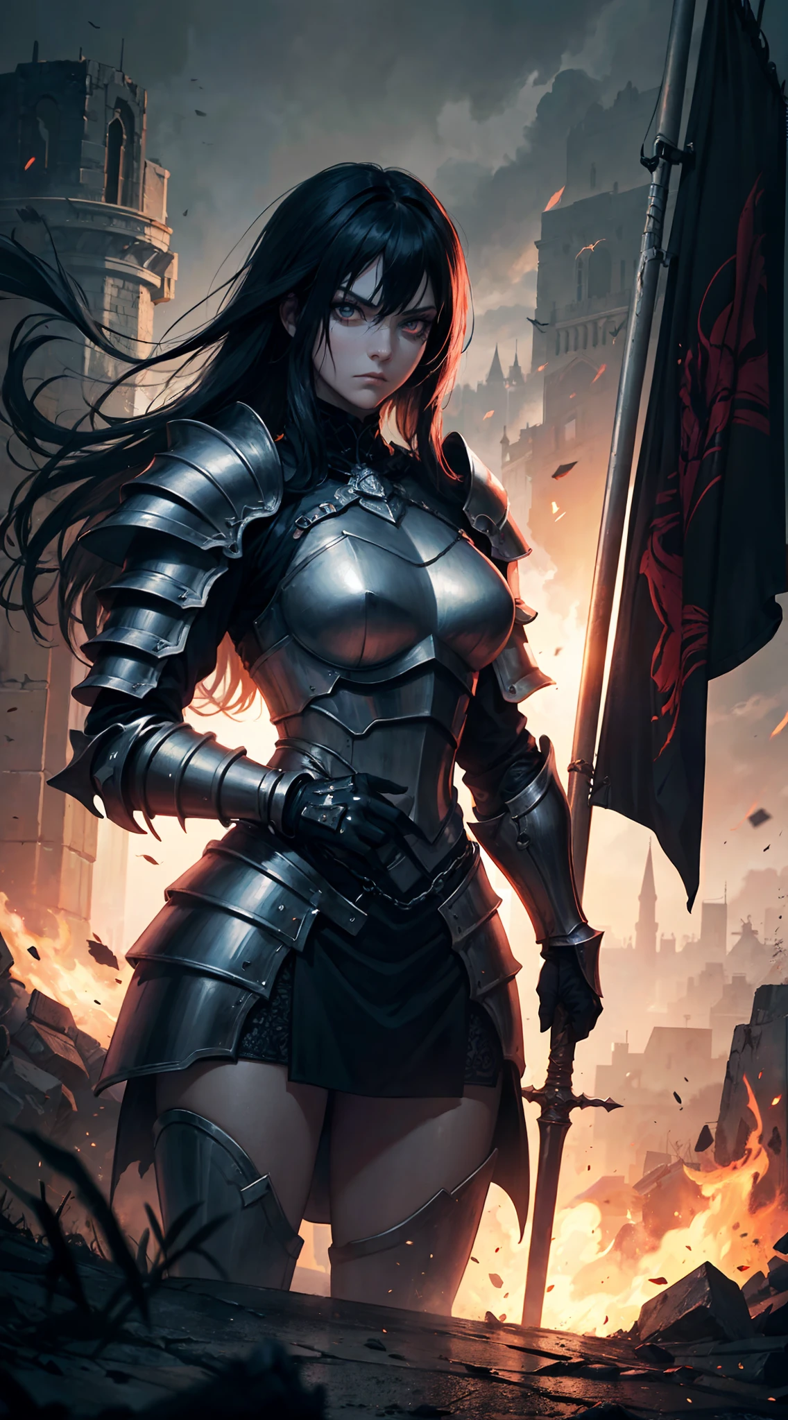 masterpiece, best quality, ultra high res, beautiful, visually stunning, elegant, incredible details, Royal Knight, holding the flag of the kingdom, award-winning painting, dark, gothic fantasy, very muscular woman in a knight armor, ((dark atmoshphere)), power aura, terror, courage in her eyes, determined expression, glowing particles, dust, action, dynamic, cinematic, metal armor, chainmail, heavy armor, mythical,(dark art:1.3), deep shadow, dark theme,