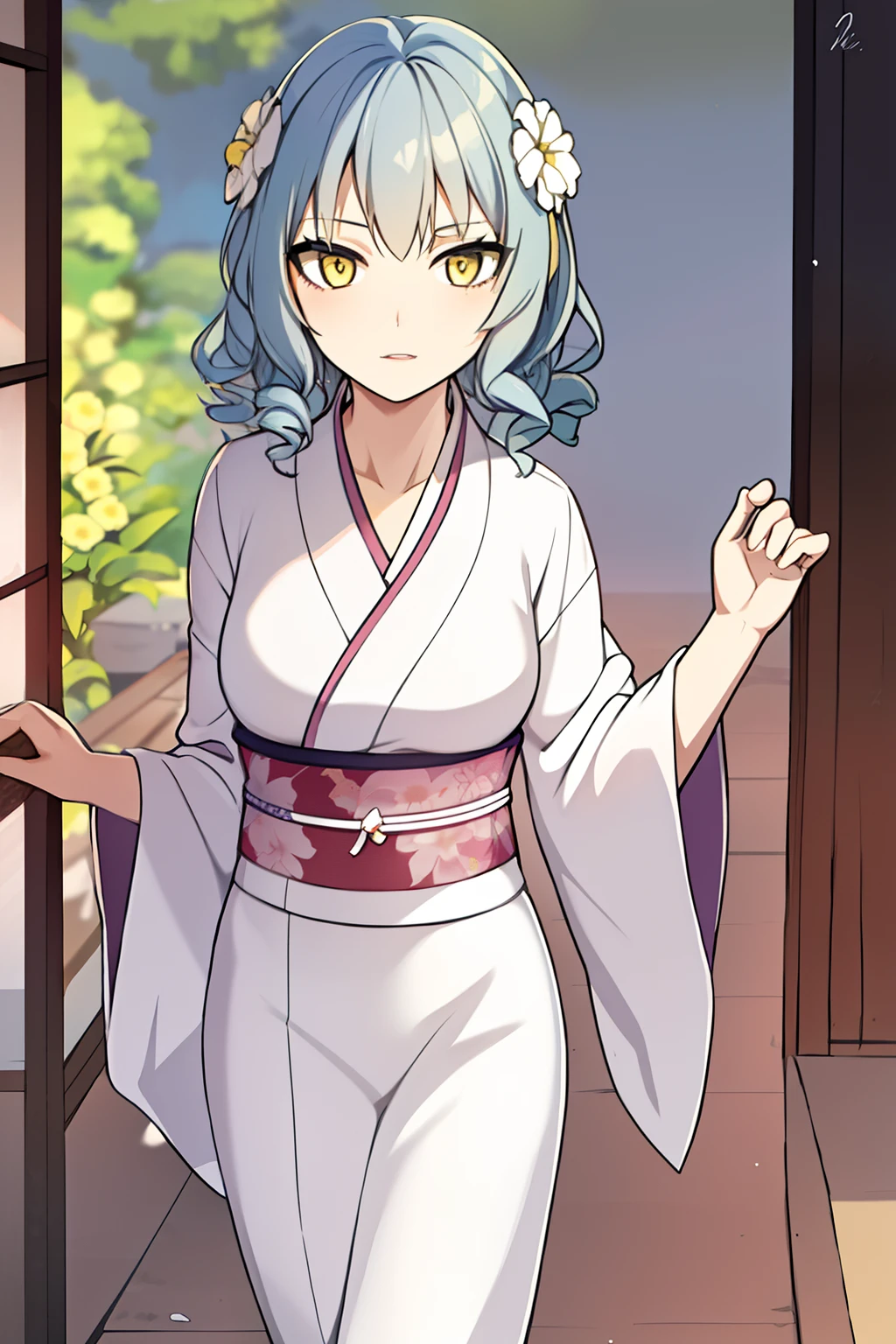  chica, ojos amarillos agudos, pelo rizado azul claro, un poco ingenuo, wears yukata, flor blanca en yukata