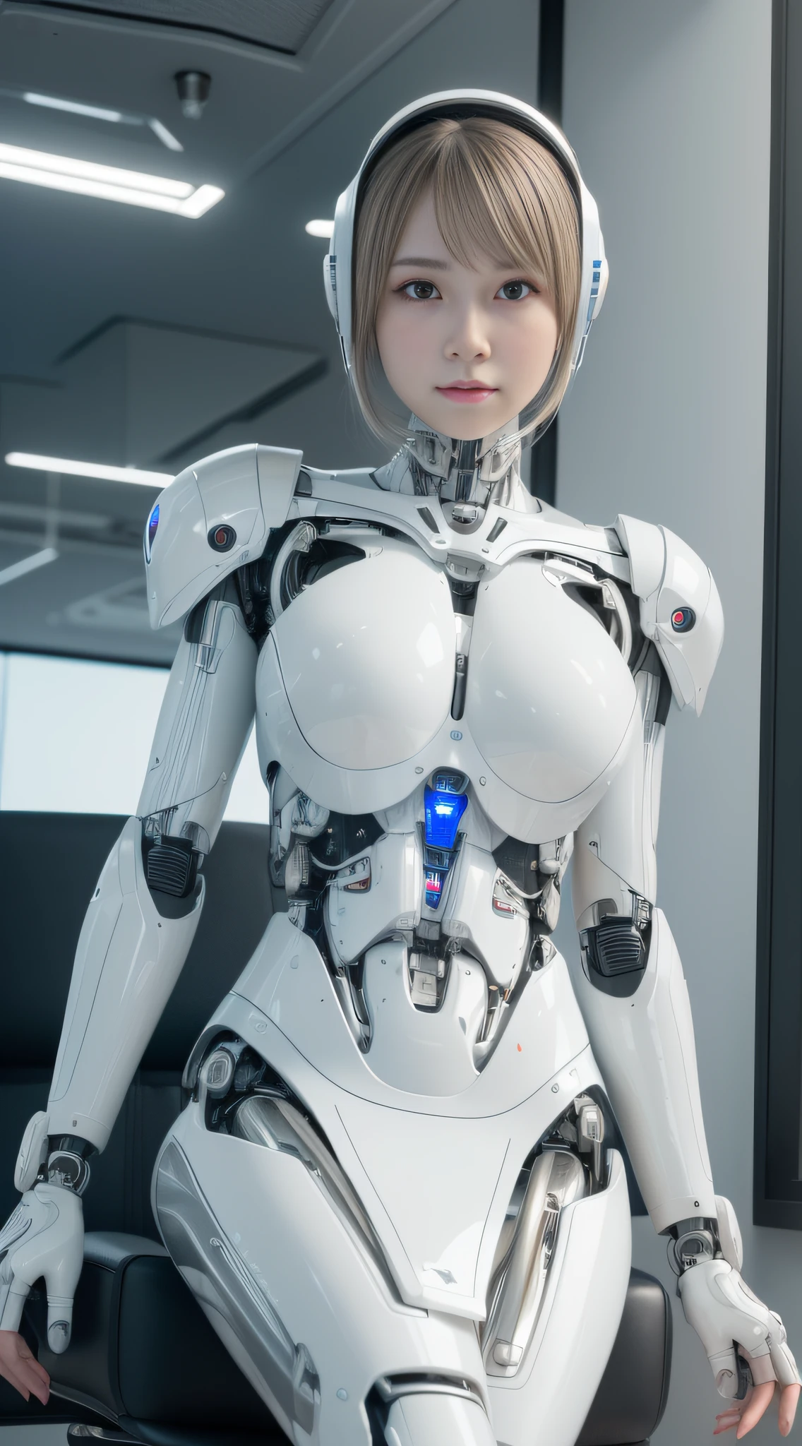 (8k, RAW-Foto, beste Qualität, Meisterwerk:1.2), (Realistisch, photo-Realistisch:1.37), ultra-detailliert, HINTERGRUND, 1 Mädchen, Niedlich, aussehen (Watanabe-Mayu), detailliertes Gesicht, (cyborg eye), kurzes Haar),(komplexes, ultradetailliertes 3D-Rendering eines Sci-Fi-Anzugs aus weißem Eisen:1.2), (Android-Gesicht:1), (cyborg), (Roboterteile), (luxurious cyberpunk), (hyperRealistisch), (anatomisch), (kabel elektrische drähte), (Mikrochip), (robot), (Silberperlen), (Setzen Sie sich aufrecht in einen Bürostuhl), (Ganzkörper:1), Detaillierte Büro, Morgen, professionelle Beleuchtung, Filmische Beleuchtung, Photonenmapping, Radiosität, physikalisch basiertes Rendering,