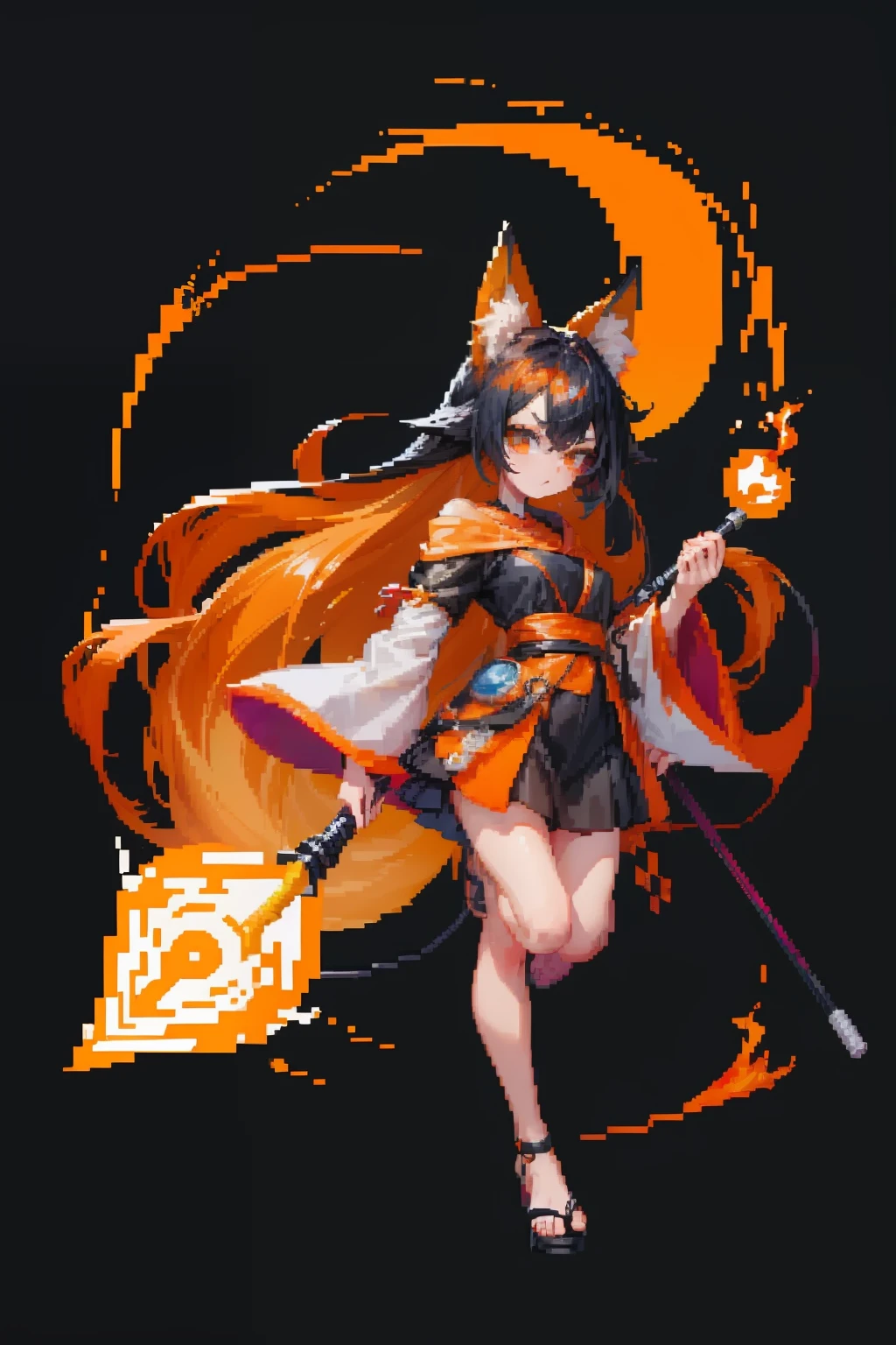 orange and black、Wizard Girl、With fox ears、Tailed、Twin-tailed、Black hair、(Pixel art:1.2、pixels)simple background、Hold on by the foot、Have a big cane、Releasing electricity from the cane