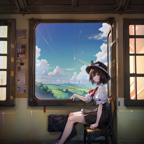 masutepiece, Fine detail, 4K, 8K, 12K, Solo, 1 person, Beautiful Girl, caucasian female, Upper body, Brown hair, Short hair, hat, Sitting, Train, Background outside the window, countryside, thunder clouds, Summer