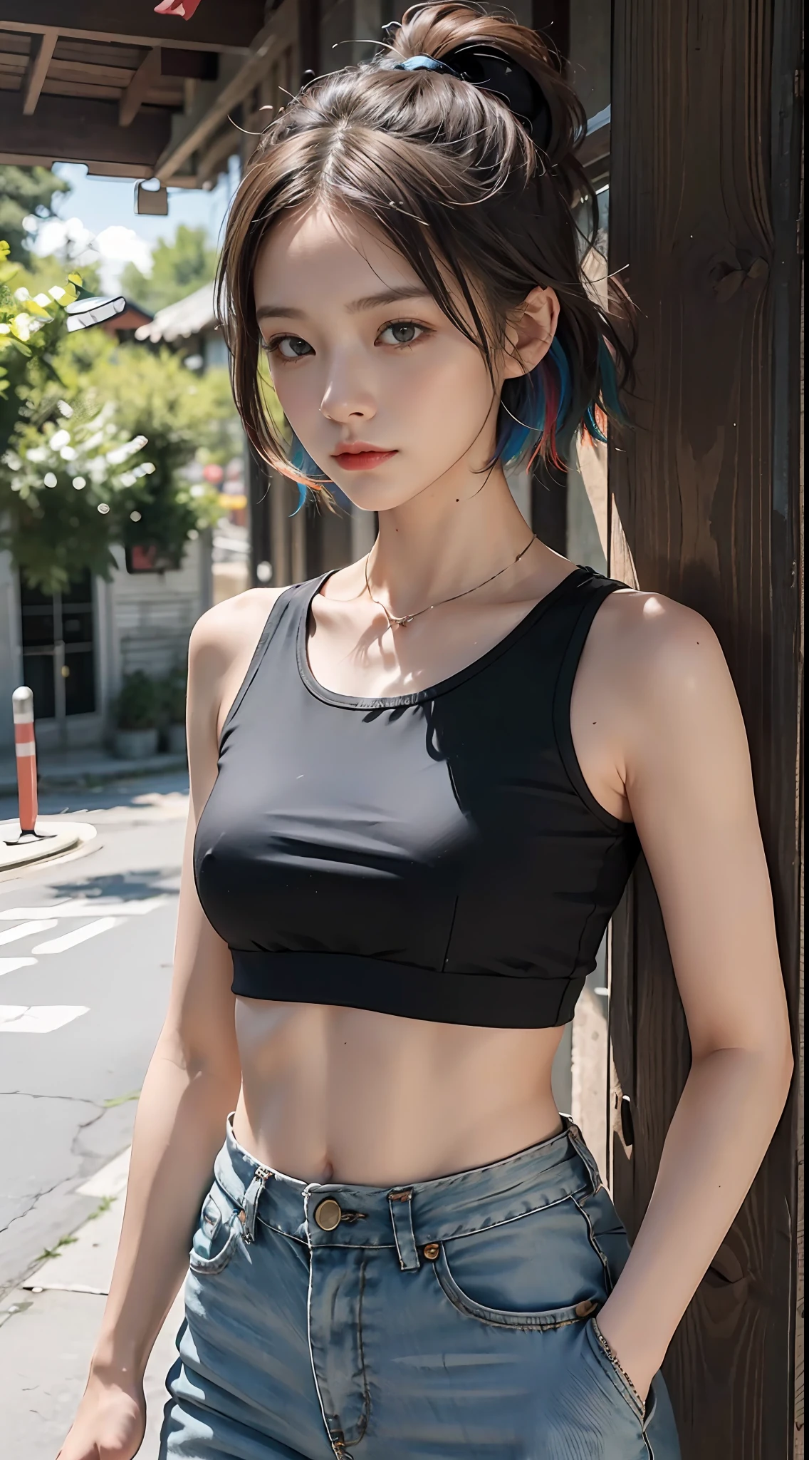 ((middlebreast,Tomboyish,small heads)), (Well-defined abs: 1.1), (perfect bodies: 1.1), (Short wave hair: 1.2), Russet hair, collars, chain, Full body photo, crowding street, wearing a black tank top，校服，（（shorter pants）），（极其细致的CG 8k壁纸），（Extremely refined and beautiful），（tmasterpiece），（best qualtiy：1.0），（超A high resolution：1.0），beautiful light up，Perfect lightning，realistic shaded，[A high resolution]，Delicate skin，ultra - detailed (((Colorful)))