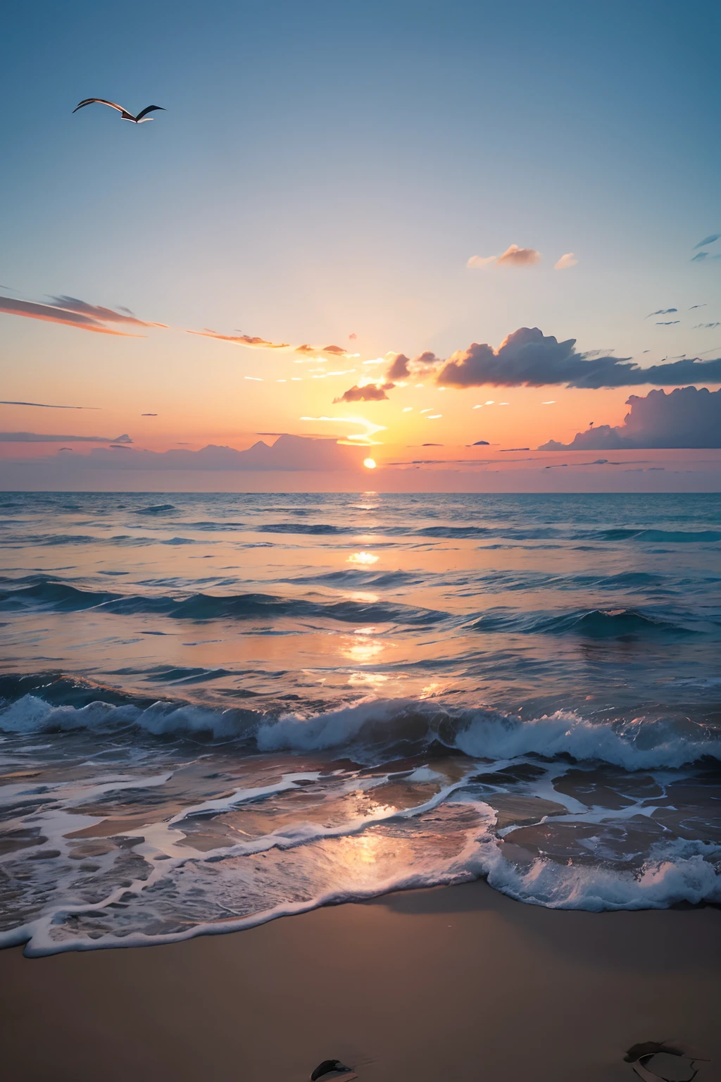 Bande dessinée，Coucher de soleil absolument fascinant sur la plage，Le ciel est mélangé à l’orange、rose et bleu。La mer est limpide，Embrasser tendrement le rivage，Le sable blanc s’étend à perte de vue。Vagues bleues bioluminescentes，Mer fluorescente。La plage est jonchée d&#39;innombrables pentagrammes lumineux，La scène est pleine de mouvement，Stupéfiant，Les mouettes s’élèvent haut dans le ciel，Les palmiers se balancent doucement。Imprégnez-vous de l’atmosphère calme，Laissez-vous envelopper par la tranquillité。