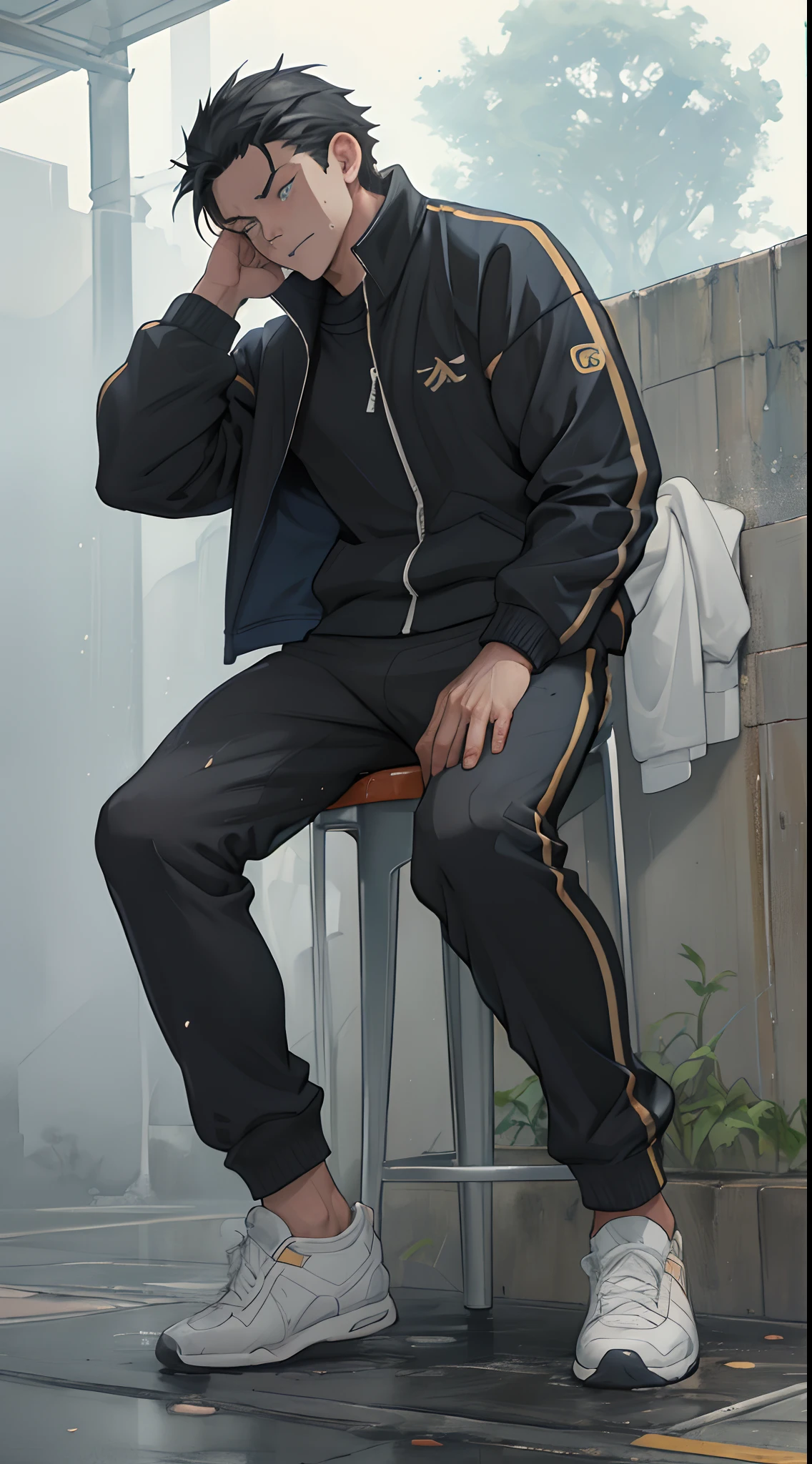 Anime guy sitting on a chair with his hand on his face - SeaArt AI