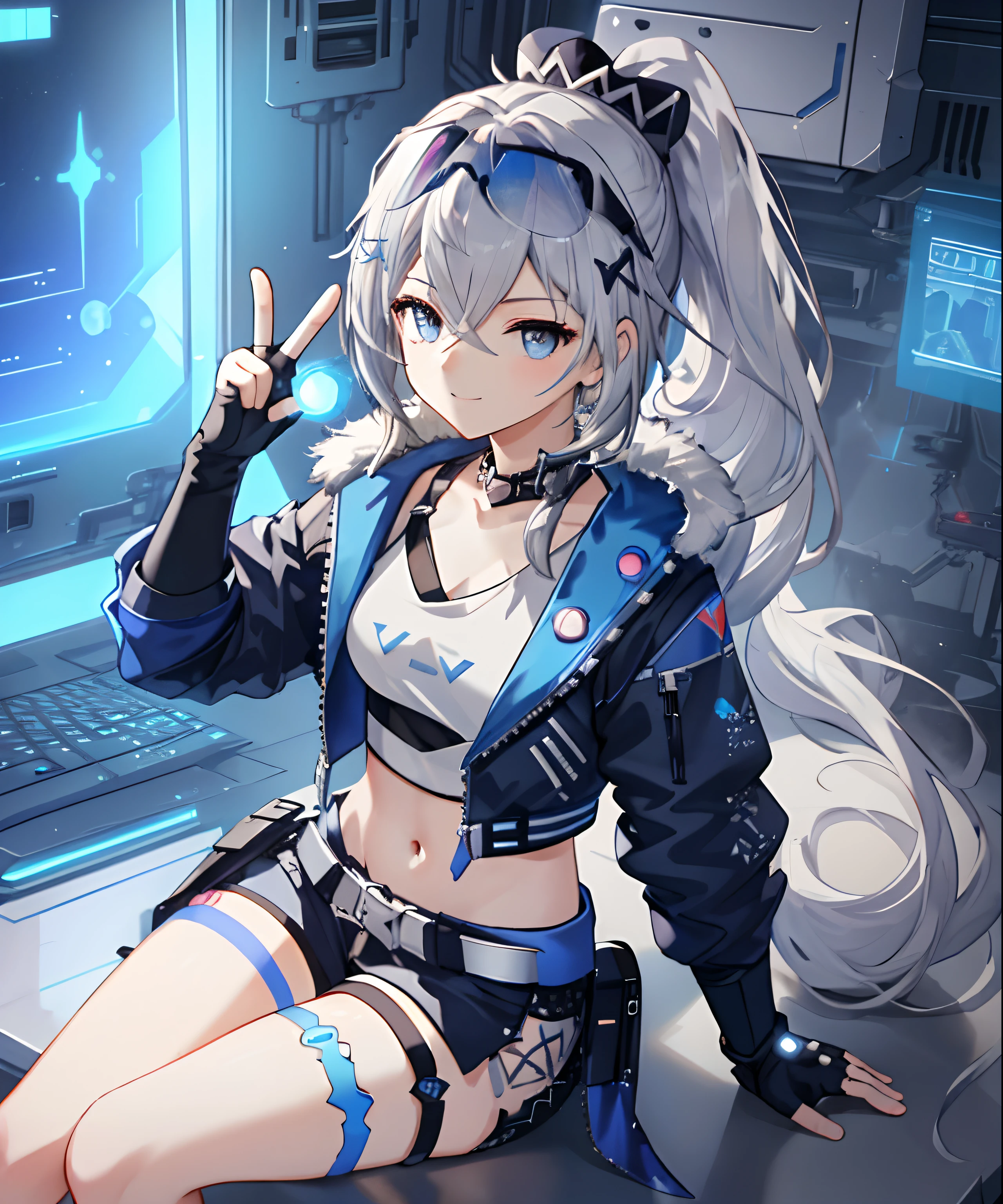 (masterpiece, photorealistic,best quality, extremely detailed CG,beautiful detailed eyes,ultra-detailed,intricate details,from above),fullbody,1girl,young,13 years old,young,long hair,metal hair,white hair,high bonytail,medium breasts,navel,sliver eyes,smirk,((peace sign,sitting,),crown,blue sunglass on head,fingerless gloves,cyberpunk jacket),detailed background((space station,fluorescent blue light,holy aura,Science fiction-theme)),