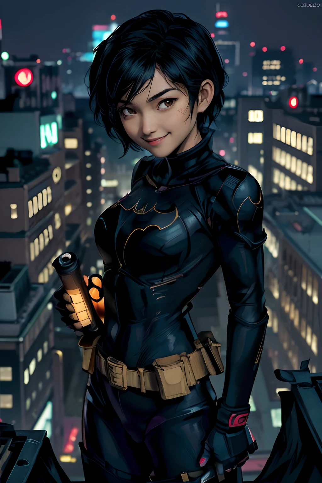 Batman girl in a black suit standing on a rooftop with a gun - SeaArt AI