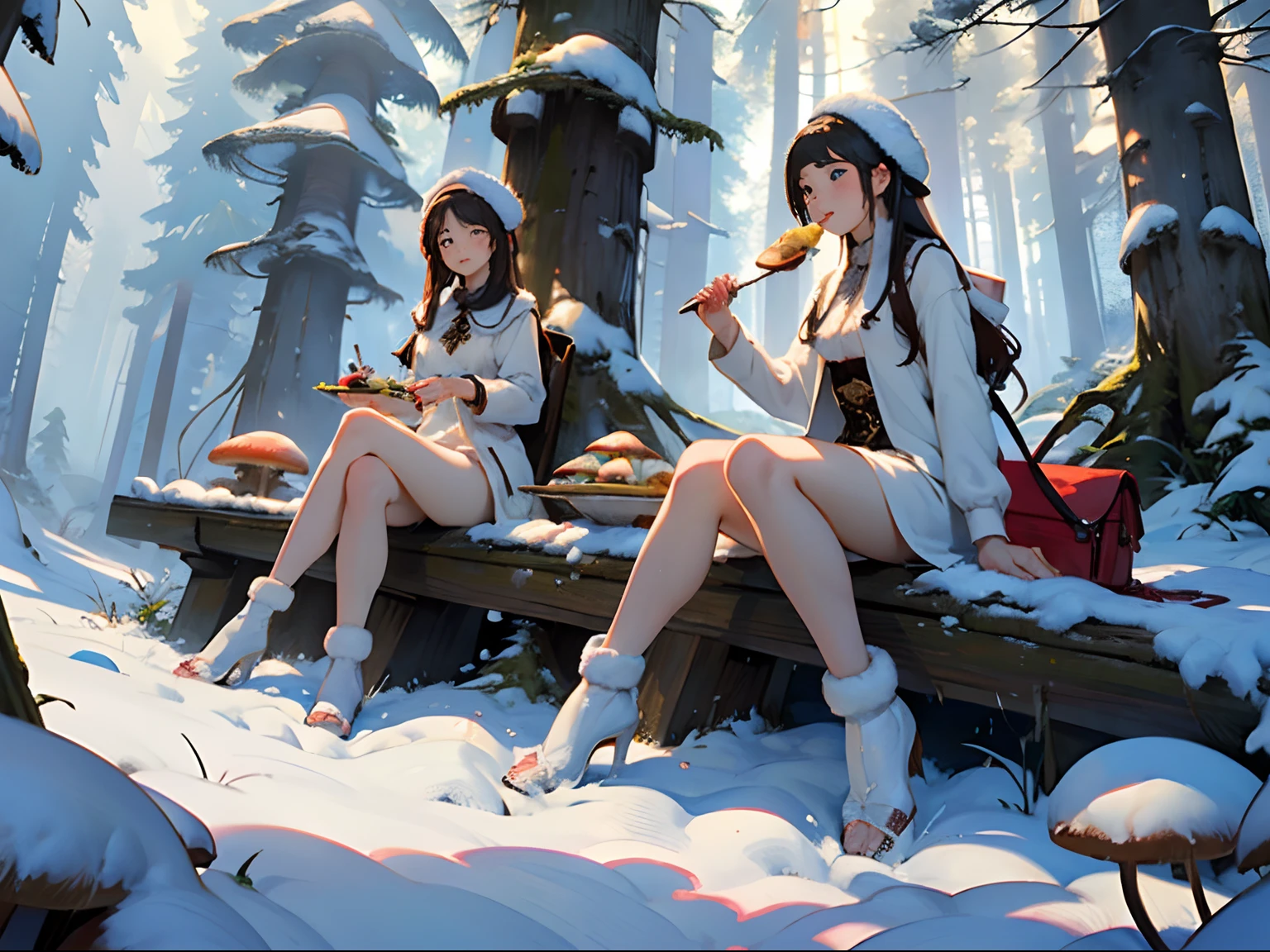 (Masterpiece, best picture quality, HD wallpaper), the beautiful girl and her sister are sitting in a mushroom forest, frontage, from below, eating lunch, winter, snow,god ray, naked