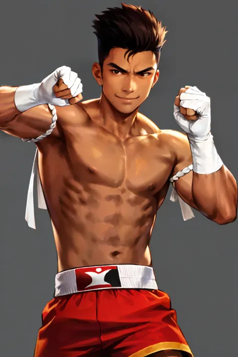 Cambodian, brown tan skin, medium shot, 1 guy, male, very short hairstyle, red shorts, one white armband, (white hands wrap), smirk, closed mouth, random taekwondo pose, detailed eyes, best quality, masterpiece, high res, perfect picture, highly detailed, ...