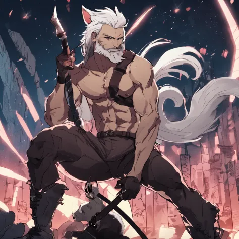 Muscular male wearing panties and thigh high socks, has flowing white hair, has wolf ears, has wolf tail, wearing lingerie
