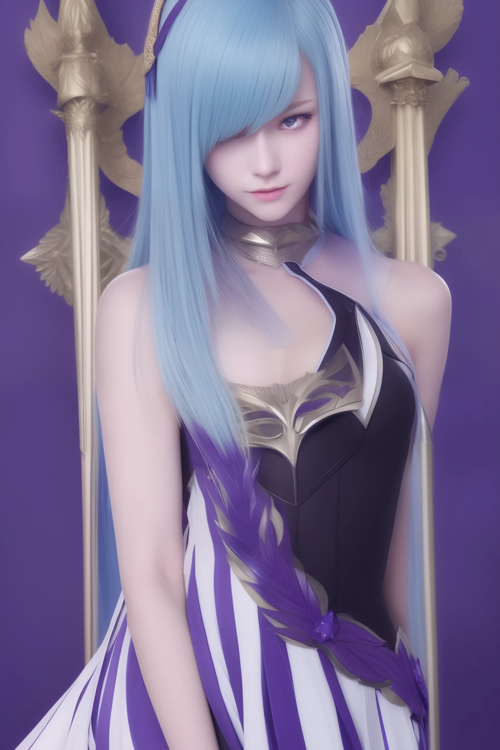 (obra maestra) brynhildr lancer fgo,20 años de edad,Puro,mirar afectuosamente,Sonrisa gentil,corona de laurel,vestido trapecio,posar tímidamente, cara bonita y redonda,alto,muy flaca,esbelto,pelo azul claro, El flequillo cruzado se inclina fuertemente hacia la derecha.,Cabello detallado