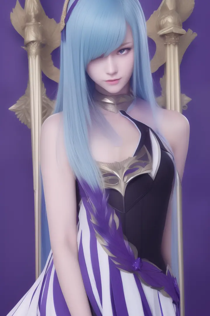 (master piece) brynhildr lancer fgo,20-year old,pure,affectionately gaze,gentle smile,laurel wreath,trapeze dress,shyly pose, pretty round face,tall,very skinny,slender,light blue hair, cross-cut bangs strongly leans to the right,detailed hair