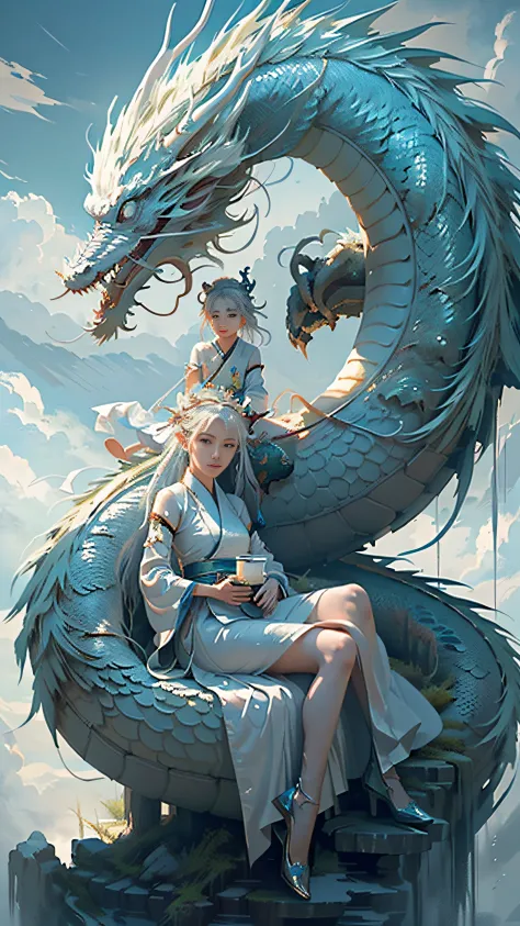 Super beautiful shining eyes、（tmasterpiece，hightquality，best qualtiy，offcial art，Beauty and aesthetics：1.2），epic cinematic，ultra - detailed，hyper realisitc， (1girl in:1.5),(full body Esbian:1.2),(Girl sits on a dragon:1.5),(1dragon：1.5），white hanfu，（White ...