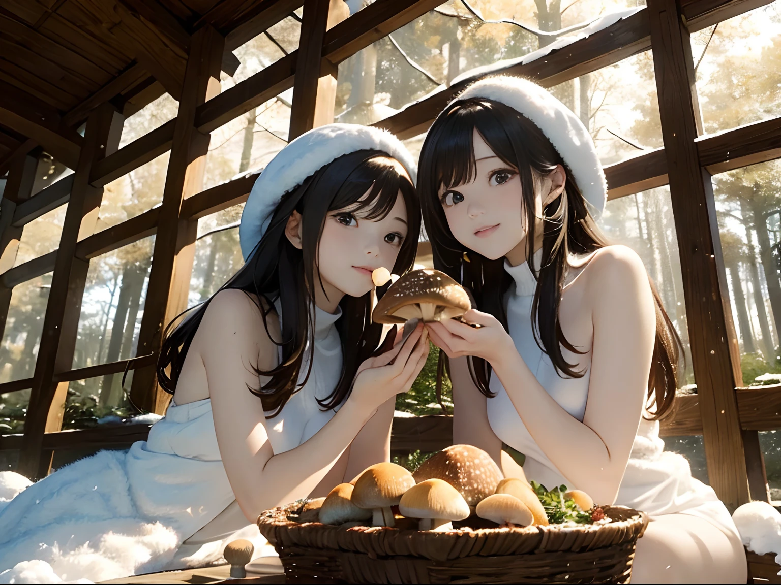 (Masterpiece, best picture quality, HD wallpaper), the beautiful girl and her sister are sitting in a mushroom forest, frontage, from below, eating lunch, winter, snow,god ray, naked