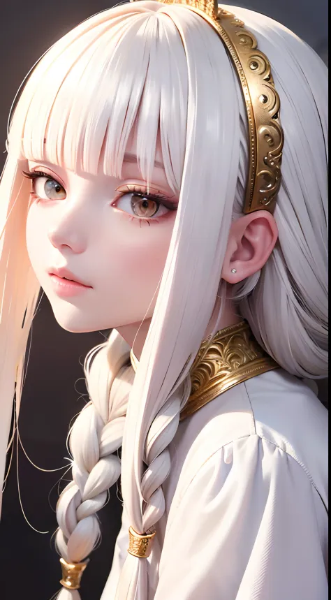 best quality, masterpiece,white hair, gold eyes,white clothes, looking up, upper body,hair strand,Fair skin,side braids