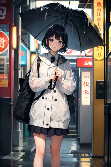 It was a rainy night，A young girl wearing JK holds a transparent umbrella，Pass by the entrance of a convenience store with warm yellow lights，On the streets of the city
