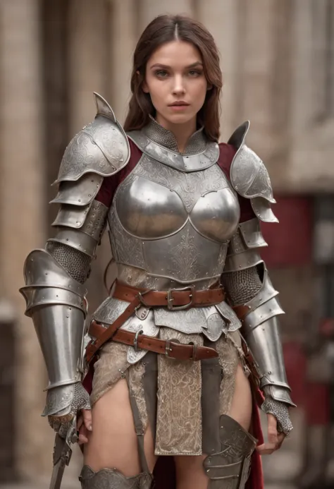 Royal Knights，Gorgeous heavy armor wraps the whole body，show，femele，Tall and mighty，Point the Knight's Sword to the ground，sportrait，closeup cleavage，Solemn，flatchest，modest，humble，Cinematic, hdr, primitive, Intricate, High quality, Gorgeous shades, Intric...
