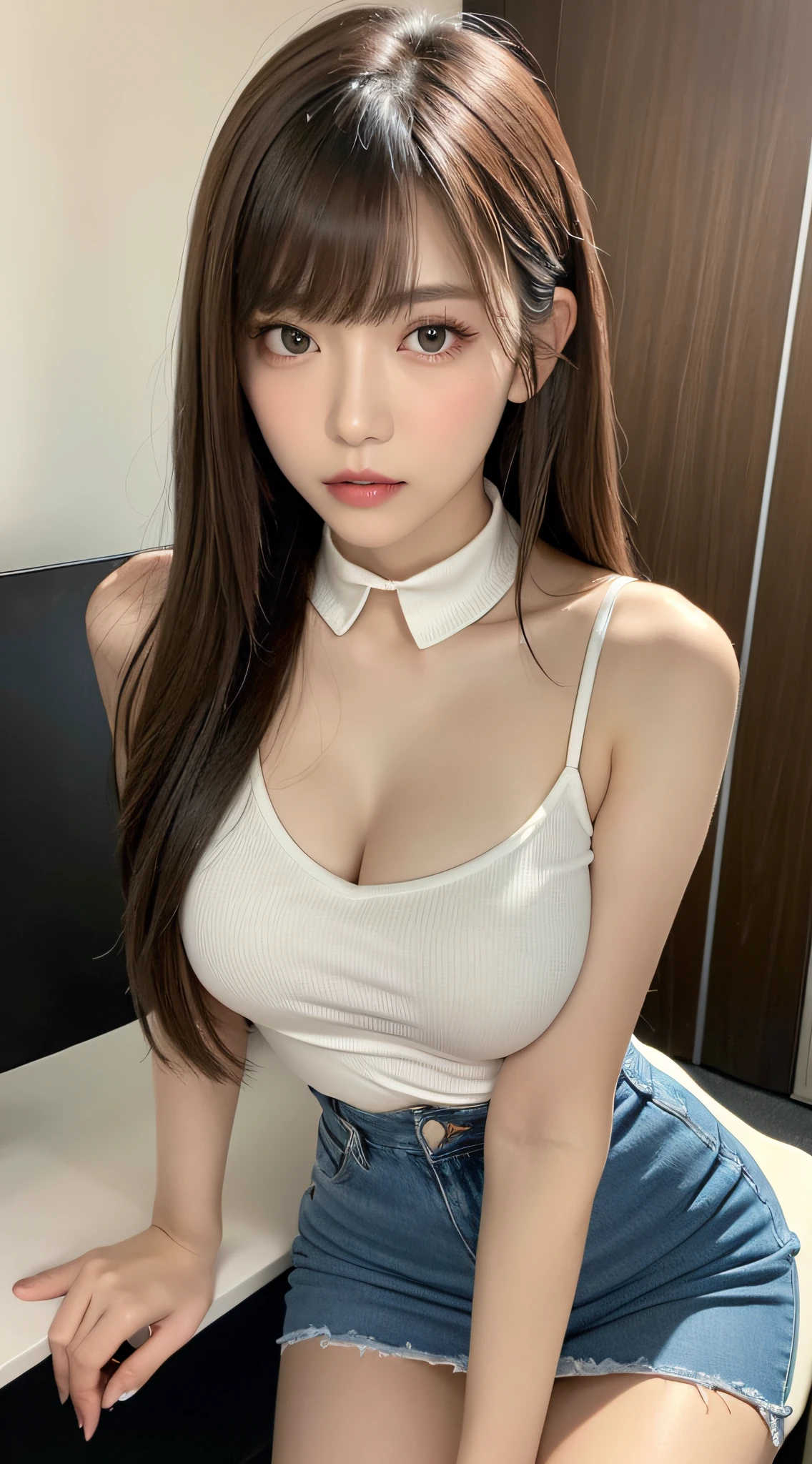 (Best Quality, 8K, masutepiece, Ultra HD: 1.3), 1girl in,  ,light brown hair, Blunt bangs, hair behind ear, hair over shoulder, Long hair,  slender body shape, Ultra Fine Face, Delicate lips, Beautiful eyes, Double eyelids, lipsticks, thin blush ,Green eyes ,perfect glossy skin,flawless skin,fair white skin,perspiring,A gaze that invites you, chest,Ultra-thin hands, Ultra-fine fingers, shirt with collar, tight skirts , beauty legs ,pumps. s Office