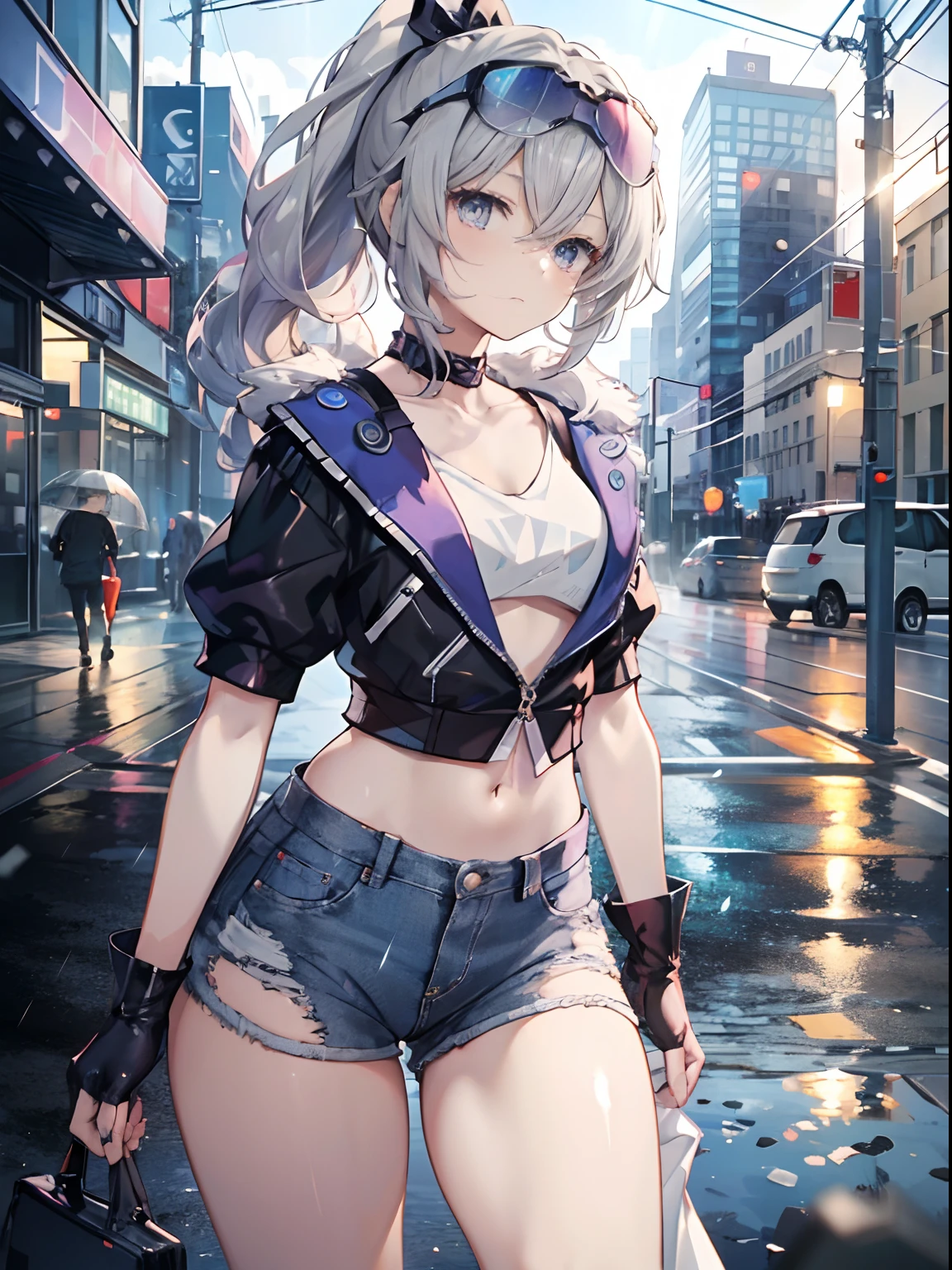 Exquisite masterpiece, best quality, illustration style, an anime girl with a curly ponytail, beautiful eyes, summer, white short-sleeved hem blown by the wind, jeans, blue-purple gradient goggles, small, heartwarming, youthful and beautiful, heroic and sassy, black and white matching, gray hair, showing a natural casual style. The dynamic posture contains the golden section, large aperture portrait, white space, strong contrast between light and shadow, super texture, super clear and concise picture, presenting extremely beautiful, elegant temperament, delicate facial expressions, city background, rainy days, road area water reflection