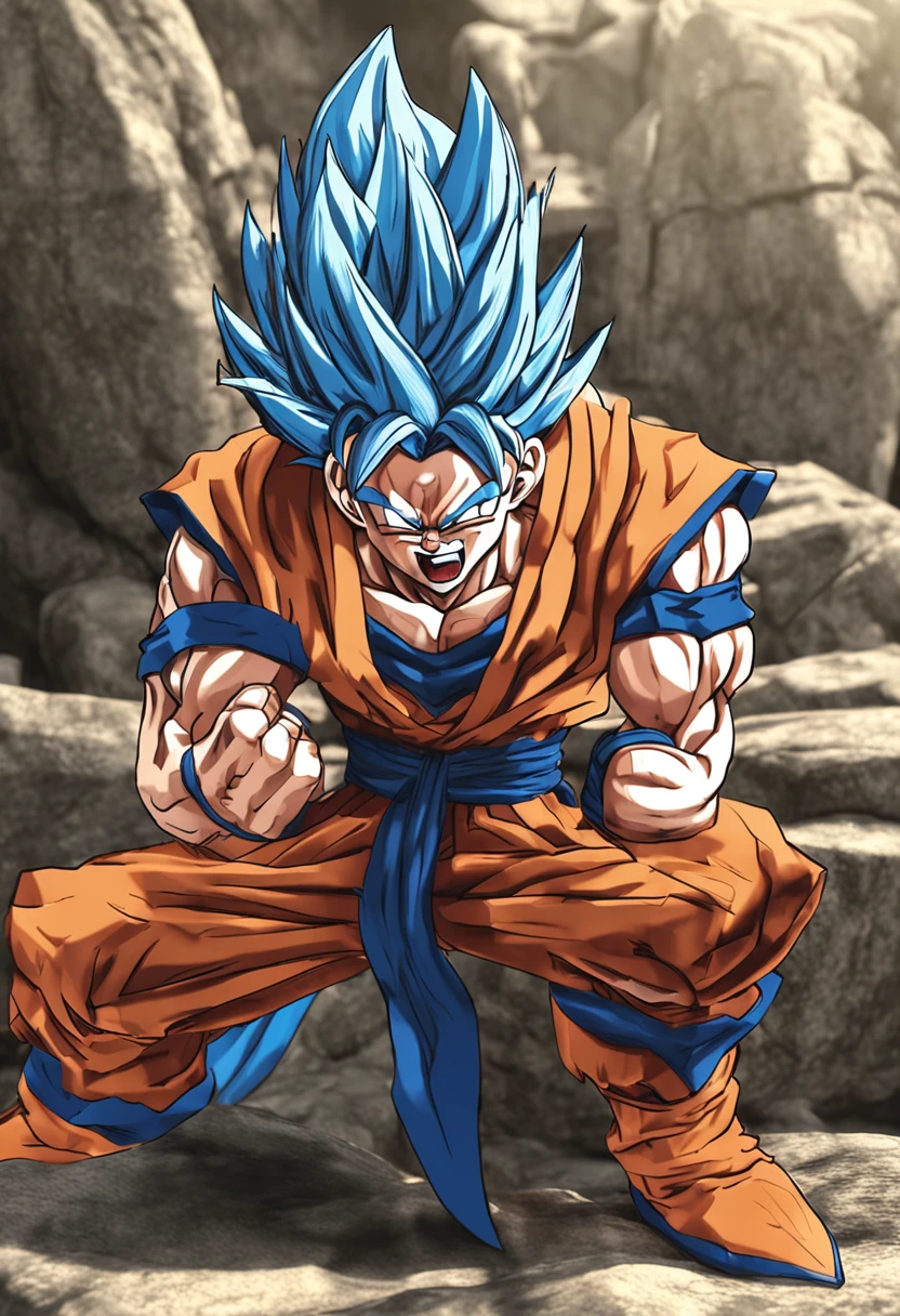 A cartoon image of a young goku with blue hair and blue eyes - SeaArt AI