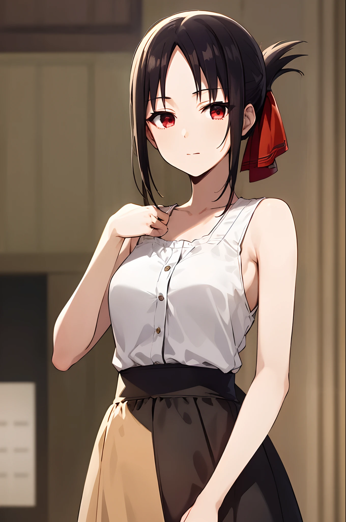 best quality, (masterpiece:1.2), detailed,20 years old,
shinomiya kaguya,
1girl, solo, closed mouth,
black hair, red eyes, short hair, folded ponytail, hair ribbon, elegant bra, red ribbon,
standing, looking at the viewer, medium breasts,((upper body)), healthy skin