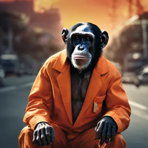 a chimpanzee driver in orange lab coat and sunglasses - SeaArt AI