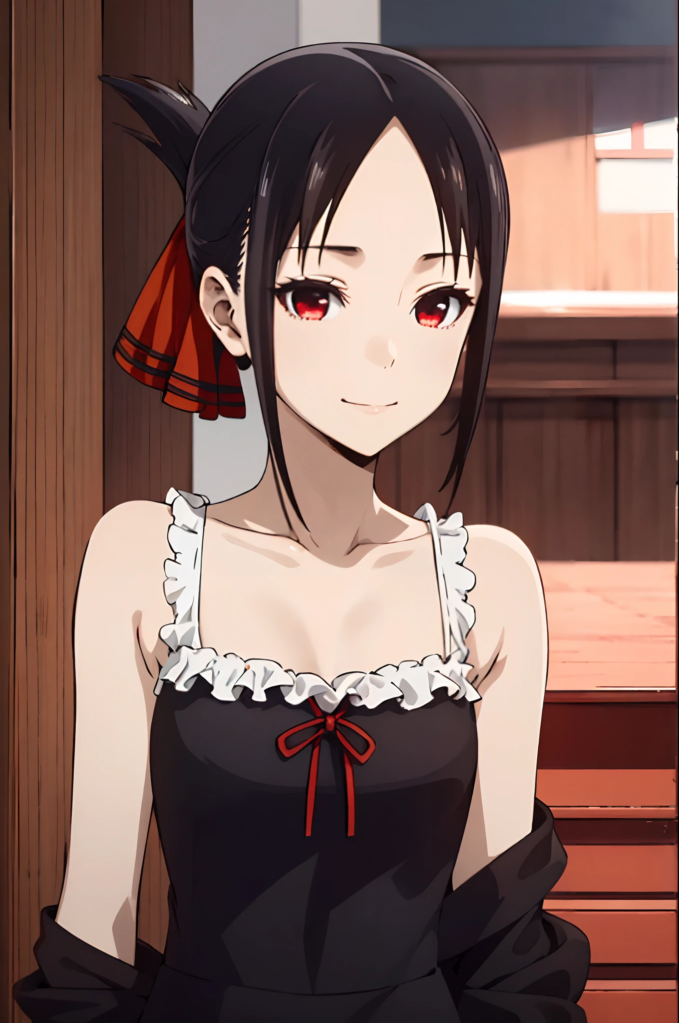 best quality, (masterpiece:1.2), detailed,
shinomiya kaguya,
1girl, solo, closed mouth, light smile,
black hair, red eyes, short hair, folded ponytail, hair ribbon, elegant dress, no sleeve, red ribbon,
standing, looking at the viewer, medium breasts,((upper body))