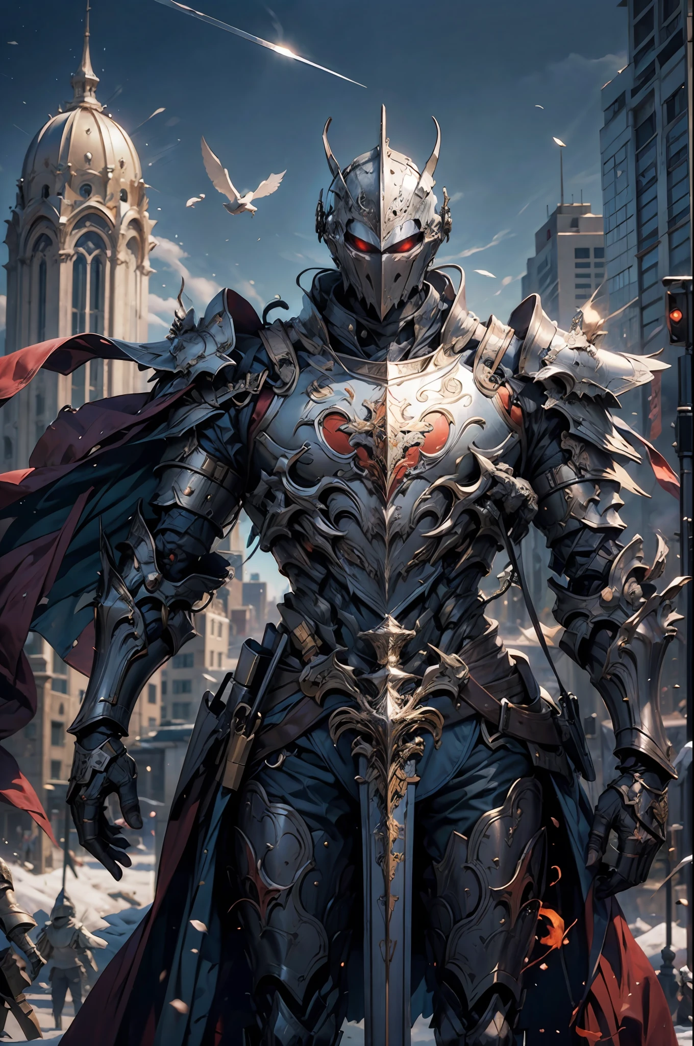 (Realism, photo realism: 1.3), (lens focal length: 35mm), backlight, a knight's mechanical armor, luxurious and exquisite shape, a blue glowing cross carved on the chest of the mecha, the mecha holds a red glowing wide and heavy armor sword, the red scarf sways in the wind, the knight's eyes are red flame light, and the battle posture is drawn