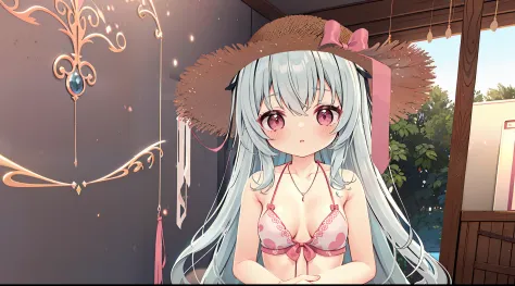 ((Best quality)), ((Masterpiece)), ((Ultra-detailed)), (illustration), (Detailed light), (An extremely delicate and beautiful), Dramatic perspective,A charming young girl,Pink swimsuit,Straw Hat Cap Topee