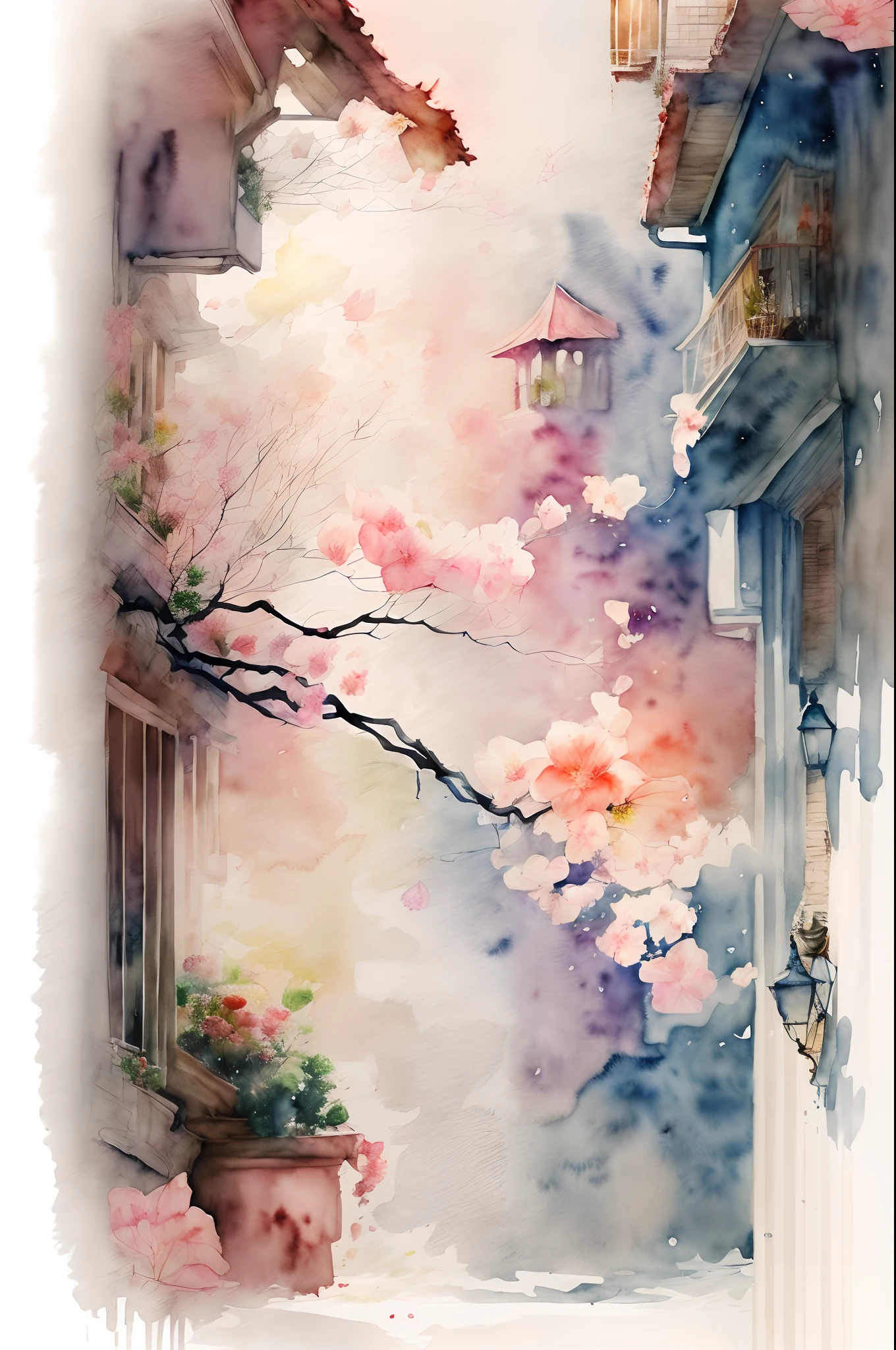 (estilo aquarela, arte espectral) + vista (uma árvore de begônia no fundo, vento e chuva e flores caindo em todos os lugares, flores de begônia caindo, flores chovendo em todos os lugares, bela representação, bela composição) (ricas cores lindas ao longe) + (respingos de manchas) + (luz clara e dinâmica de oscilação de sombra), de cima, Lente grande angular