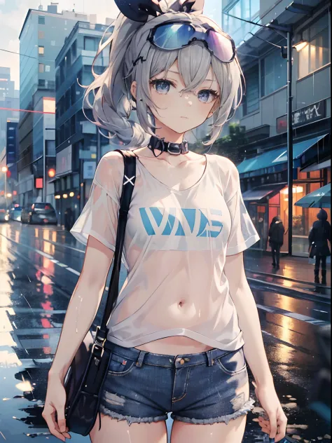 Exquisite masterpiece, best quality, illustration style, an anime girl with a curly ponytail, beautiful eyes, summer, white short-sleeved hem blown by the wind, jeans, blue-purple gradient goggles, small, heartwarming, youthful and beautiful, heroic and sa...