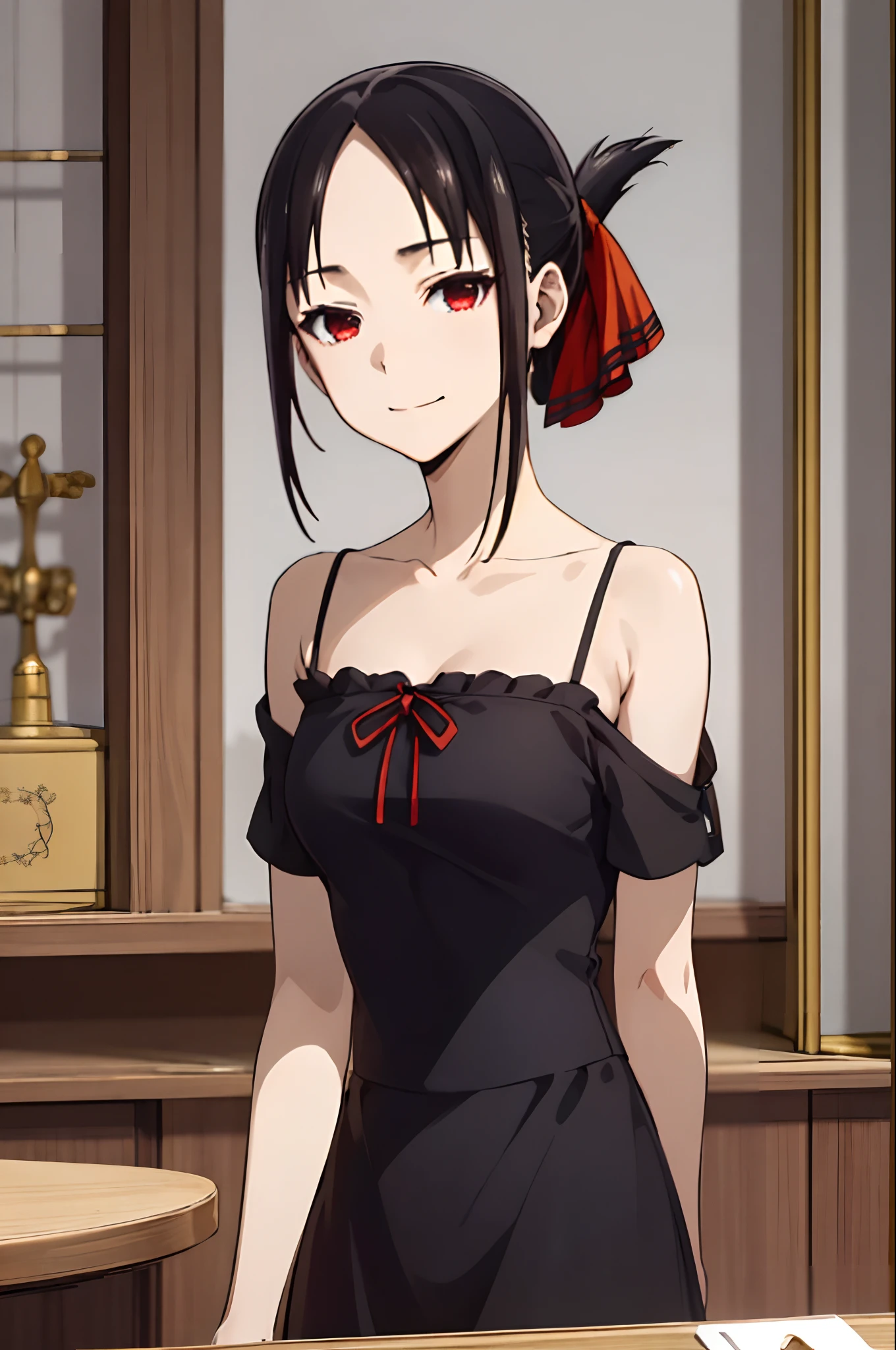 best quality, (masterpiece:1.2), detailed,
shinomiya kaguya,
1girl, solo, closed mouth, light smile,
black hair, red eyes, short hair, folded ponytail, hair ribbon, elegant dress, no sleeve, red ribbon,
standing, looking at the viewer, medium breasts,((upper body))