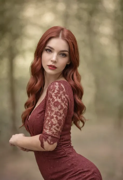 A close up of a woman with long red hair wearing a black dress - SeaArt AI