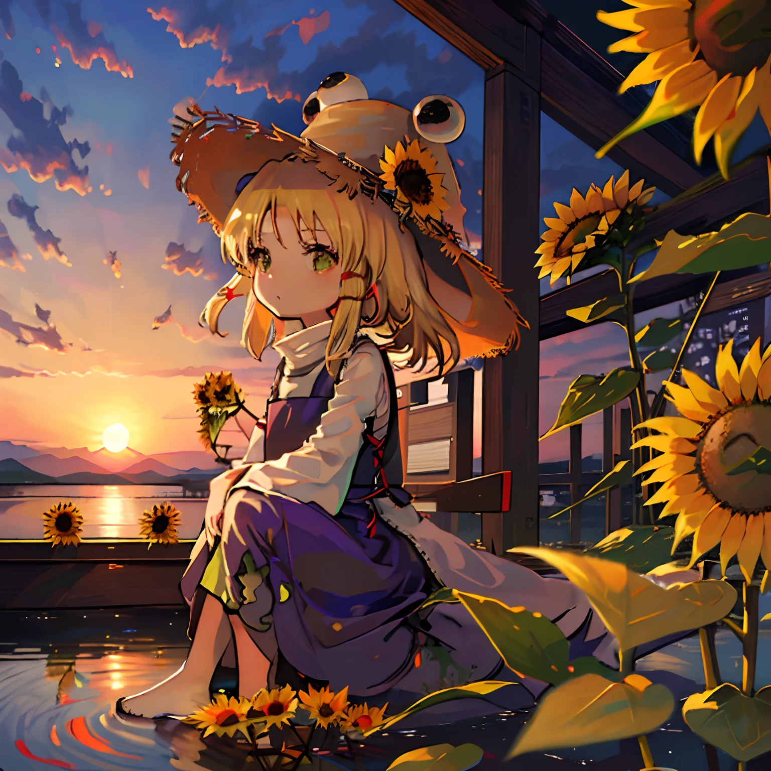 masutepiece, Fine detail, 4K, 8K, 12K, Solo, Alone, Beautiful Girl, caucasian female, Upper body, Suwako Moriya, Blonde, Looking Up, Sitting, Dusk, Summer, Sunflower Downcast, Withered sunflower, Sunset , shrines, veranda, pond, Frog statue