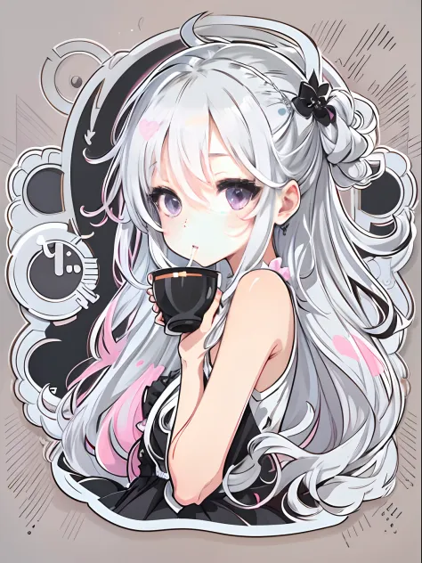 Sticker, Cute anime girl head, Silver-white long hair styling,Purple eye，Black ears, Wearing a black dress, Drinking tea, in circle, White background, Bright pink, Simple, Ultra detailed, Detailed drawing, vectorised, Silhouette, 8K, professional sticker d...