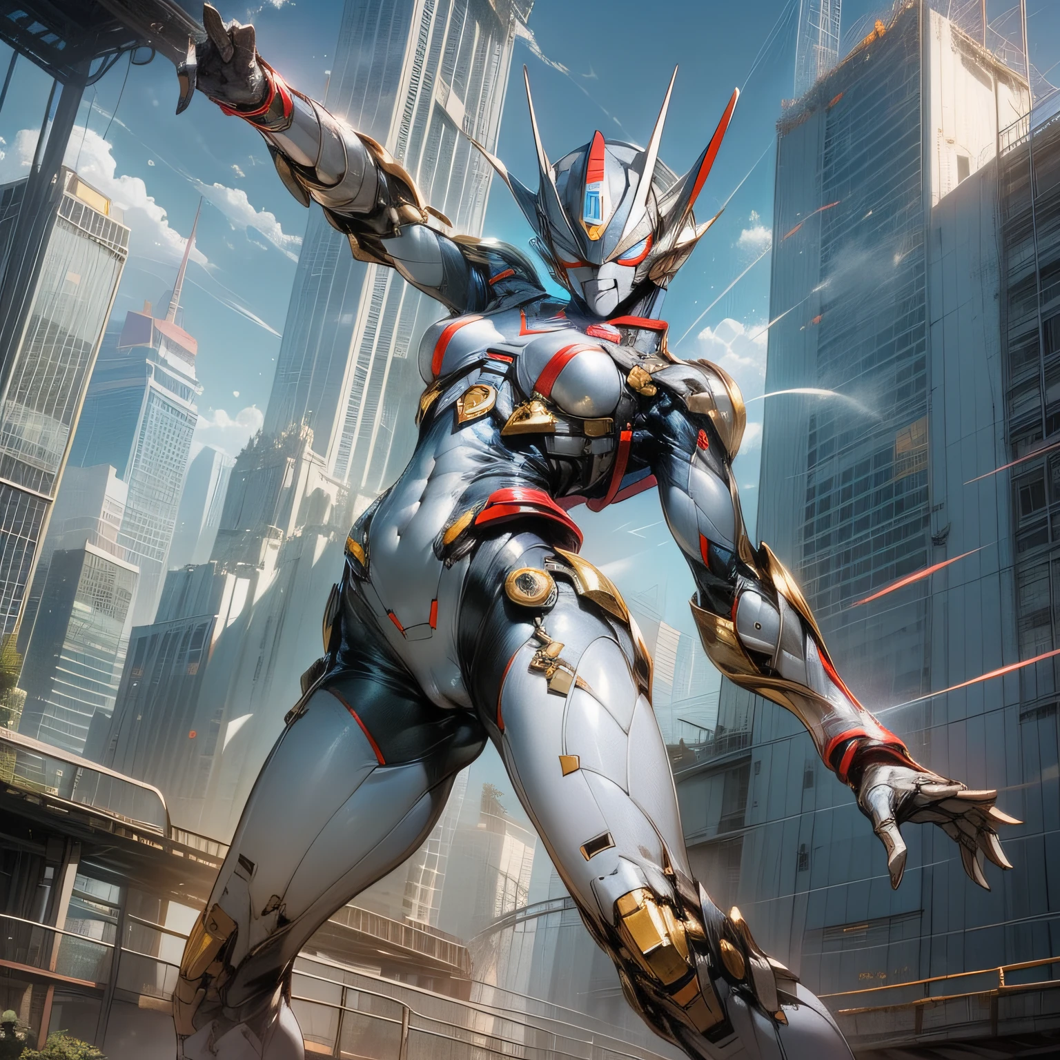 （masutepiece、8K、Ultra-delicate、hight resolution），(((Female Ultraman))),medium breasts，(((No muscleedium Boob)))，(His head is tapering,The body is made of red and silver and gold，The arms present a streamlined design，On the chest there is a round calculator，Looks tall and thin，The overall shape is streamlined、modern)，(standing athletic pose)，posed for photo，high-angle，nigth，city ruins，backgroung details，（（（full body Esbian））），solo，(((Huge feeling))),NSFW,cameltoe,Dynamic Pose,From below,groin focus