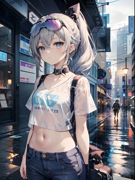 Exquisite masterpiece, best quality, illustration style, an anime girl with a curly ponytail, beautiful eyes, summer, white short-sleeved hem blown by the wind, jeans, blue-purple gradient goggles, small, heartwarming, youthful and beautiful, heroic and sa...