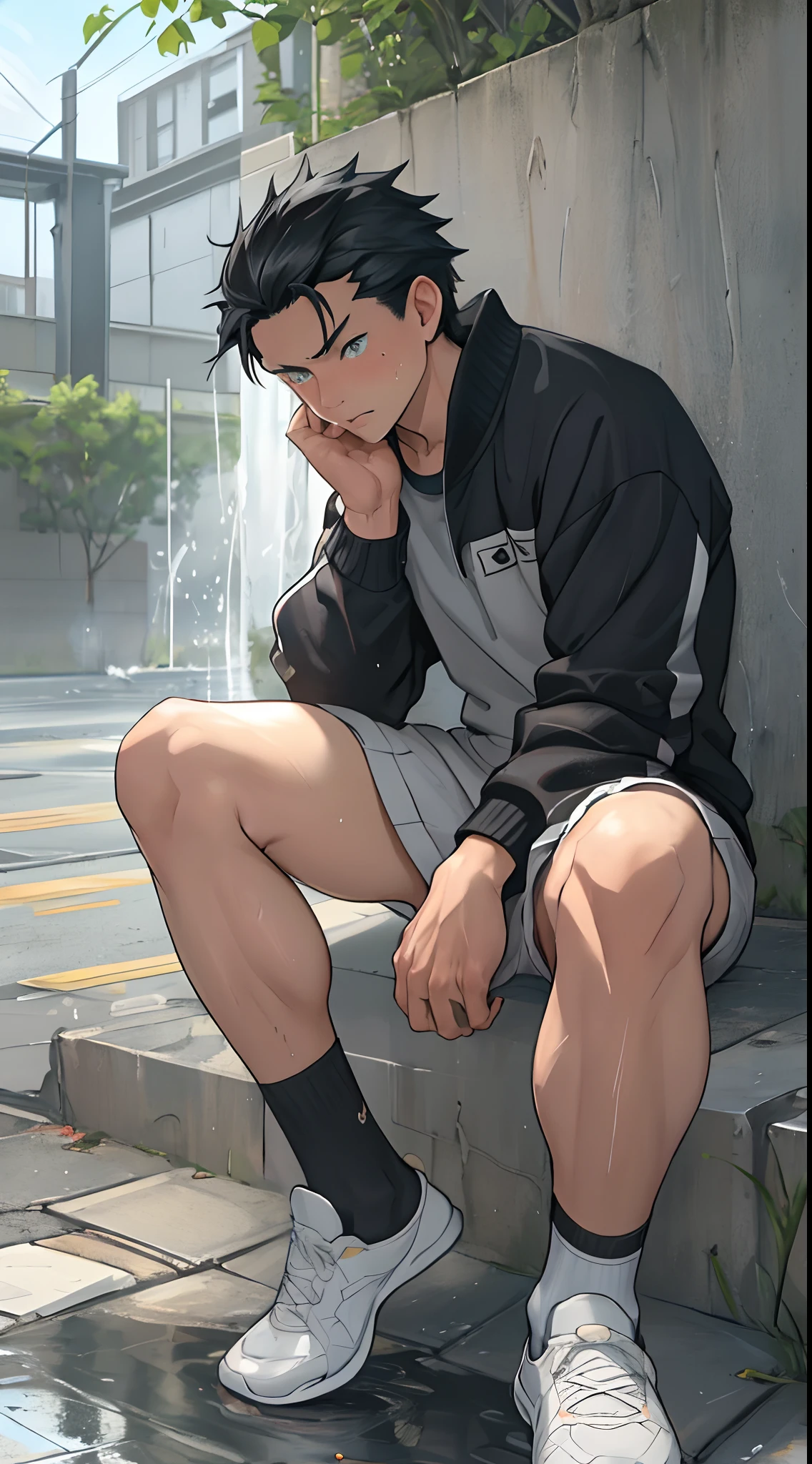 Anime guy sitting on steps with his feet on the ground - SeaArt AI