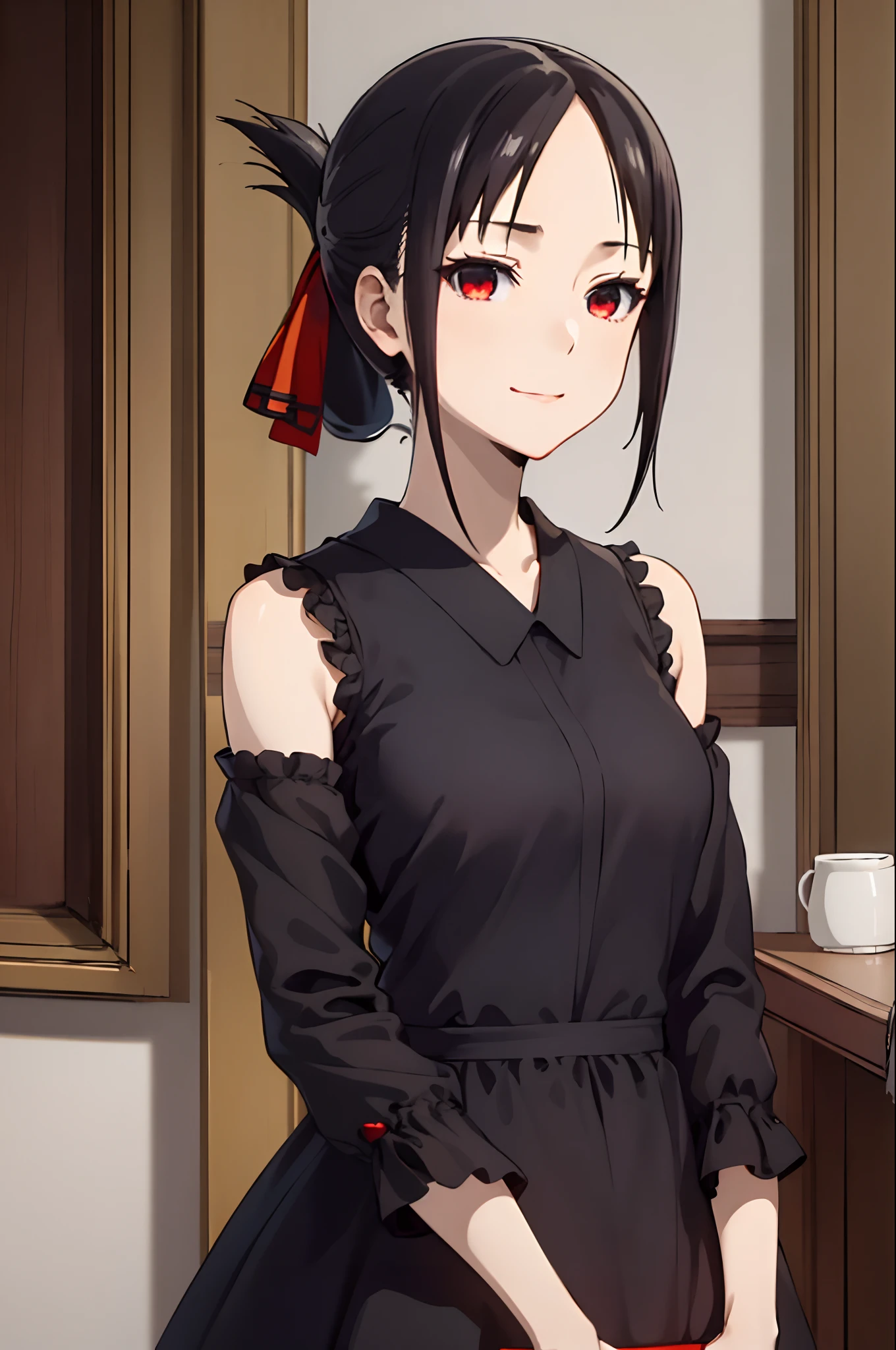 best quality, (masterpiece:1.2), detailed,
shinomiya kaguya,
1girl, solo, closed mouth, light smile,
black hair, red eyes, short hair, folded ponytail, hair ribbon, elegant dress, no sleeve, red ribbon,
standing, looking at the viewer, medium breasts,((upper body)), ((blood, evil, cruel girl, dominant))