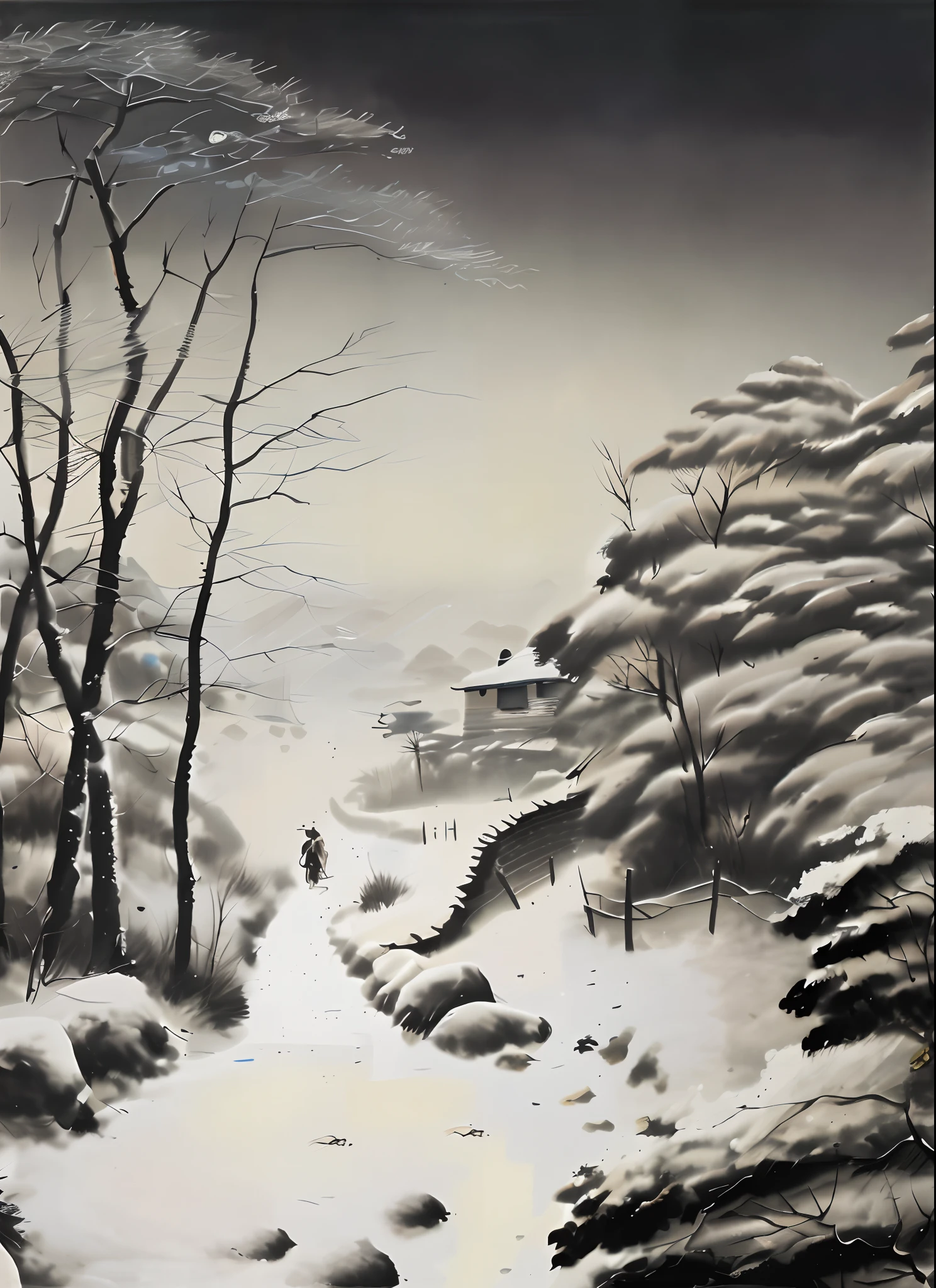Dibuja un hombre caminando en la nieve., inspirado en Huang Binhong, artista coreano, inspirado en Kim Hong-do, Autor：Yi Ren Wen, inspirado en Yeong-Hao Han, inspirado por Wang Yuanqi, paisaje nevado, Autor：Shen Shizhen, inspirado en Lu Zhi, inspirado en Yoshihiko Wada